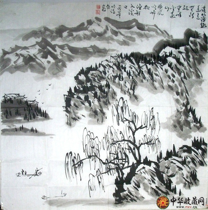 李延華山水國畫作品《溪山漁趣》 68*68