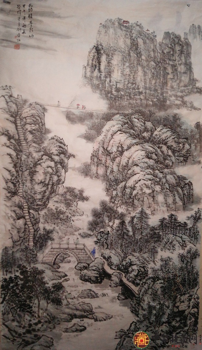 劉常炳 山水國(guó)畫(huà)作品 《霧鎖牛頭山》179*98cm